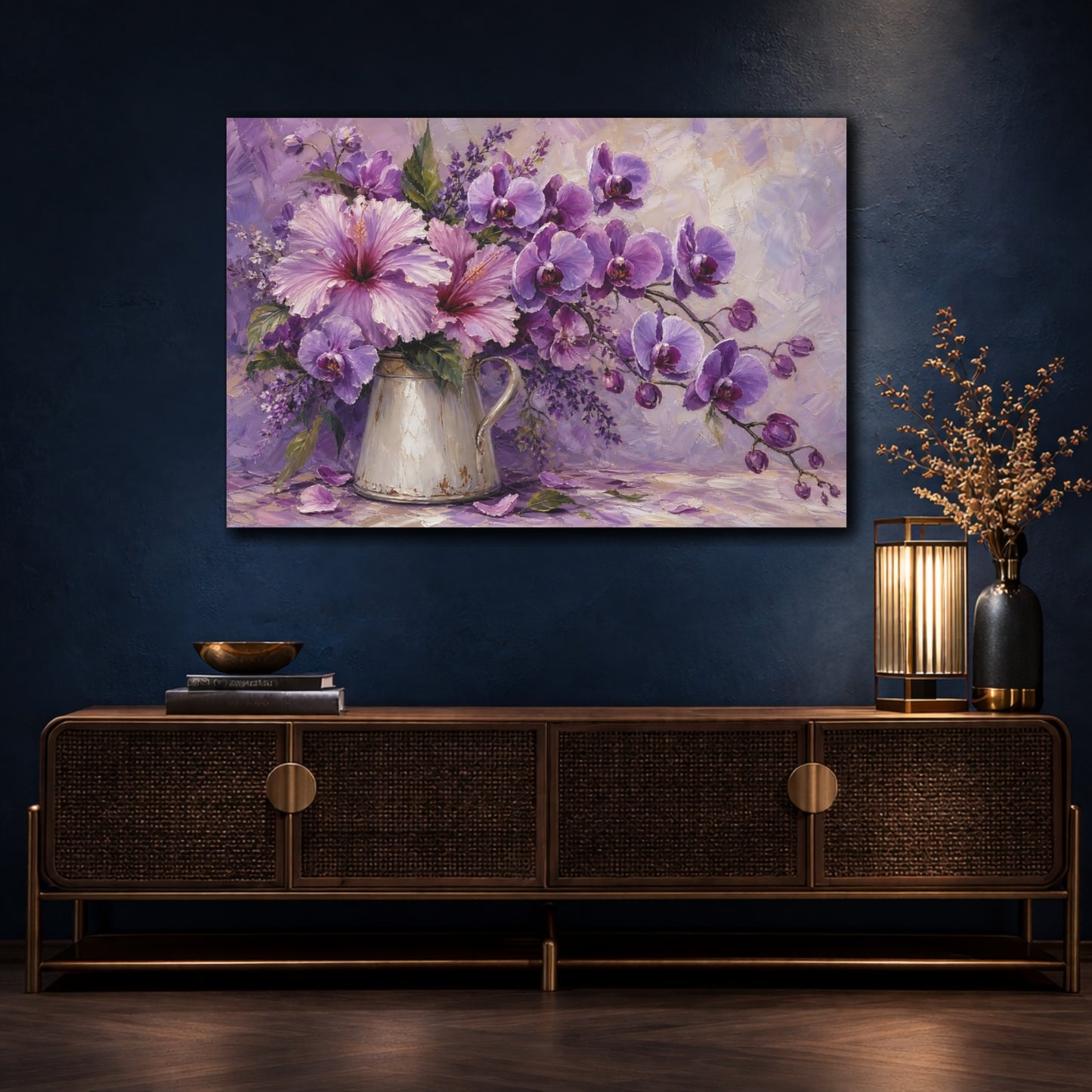 Mockup 4. Floral Floral Bouquet Purple Floral shown as stretched canvas wall art