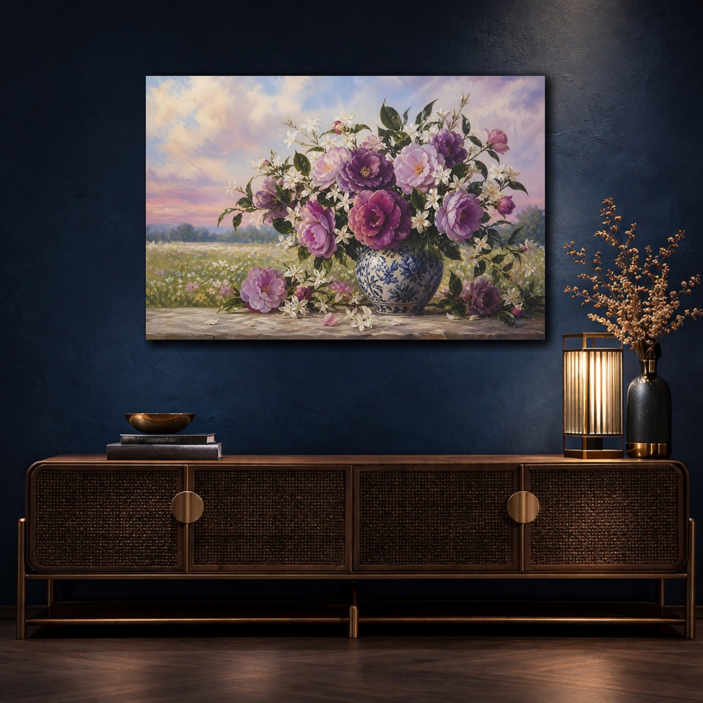 Mockup 4. Floral Floral Bouquet Purple Floral shown as stretched canvas wall art