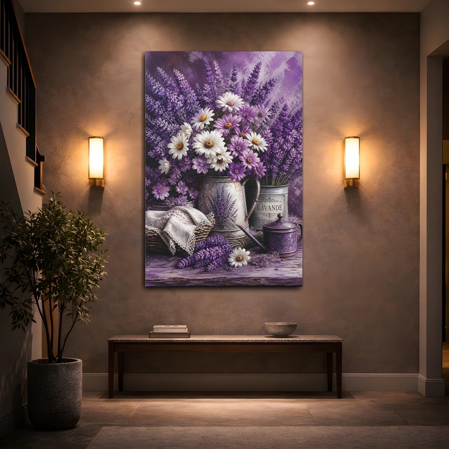 Mockup 2. Floral Floral Bouquet Purple Lavender shown as stretched canvas wall art
