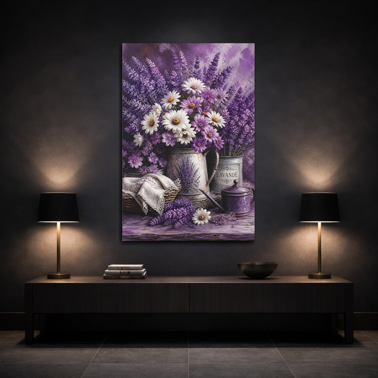 Mockup 3. Floral Floral Bouquet Purple Lavender shown as stretched canvas wall art
