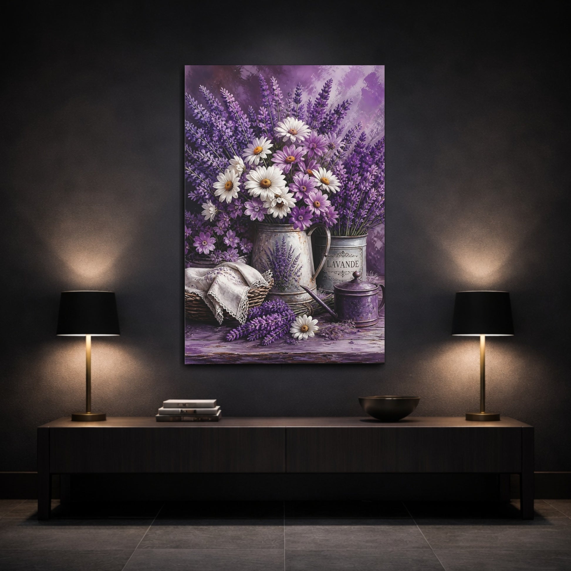 Mockup 3. Floral Floral Bouquet Purple Lavender shown as stretched canvas wall art