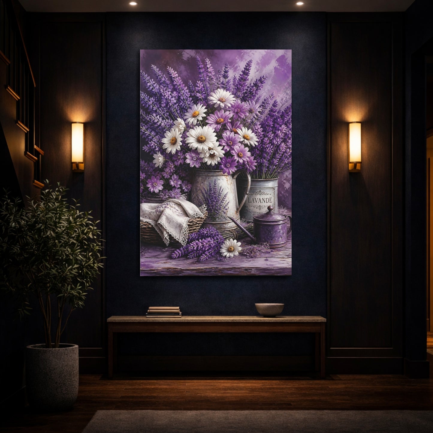 Mockup 4. Floral Floral Bouquet Purple Lavender shown as stretched canvas wall art