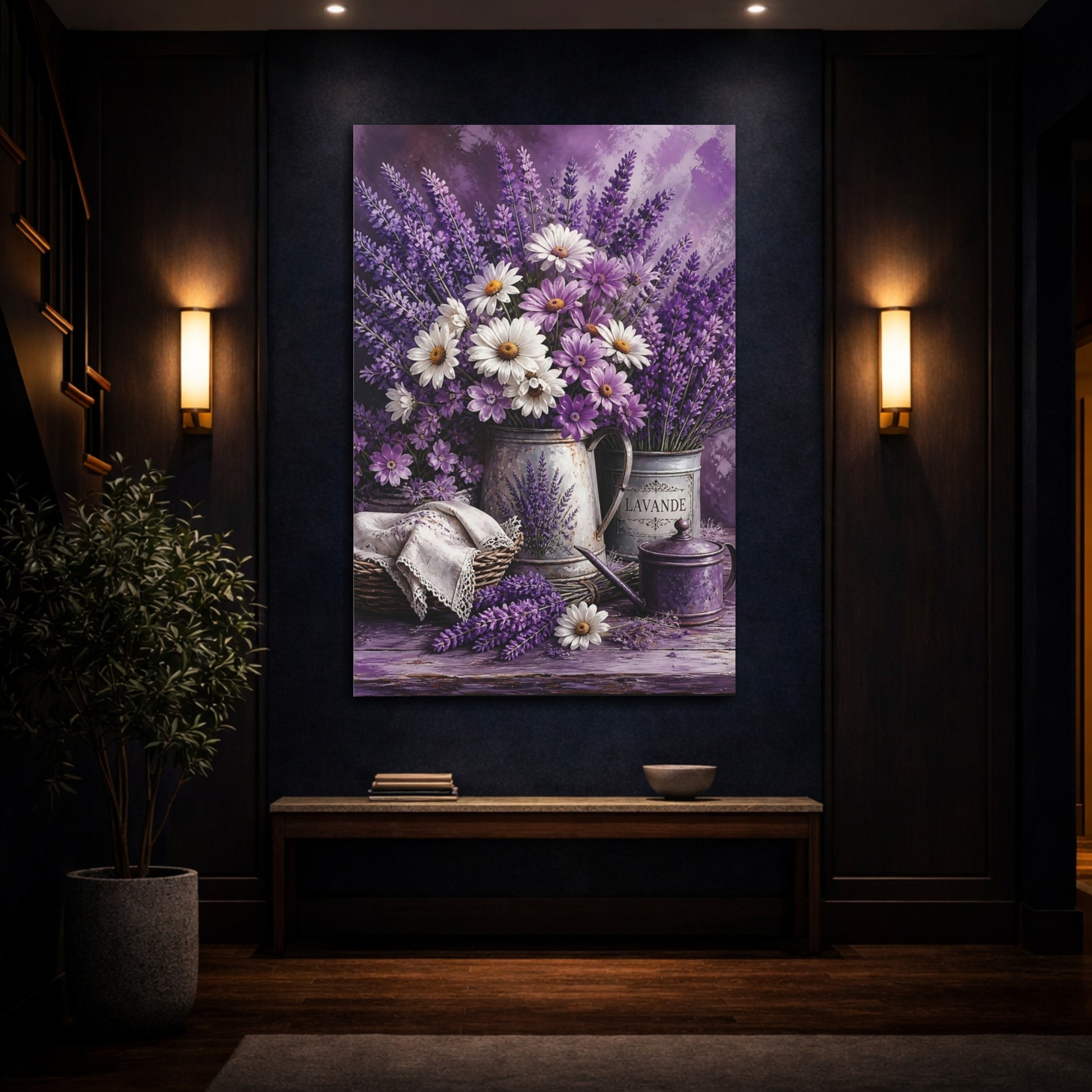 Mockup 4. Floral Floral Bouquet Purple Lavender shown as stretched canvas wall art