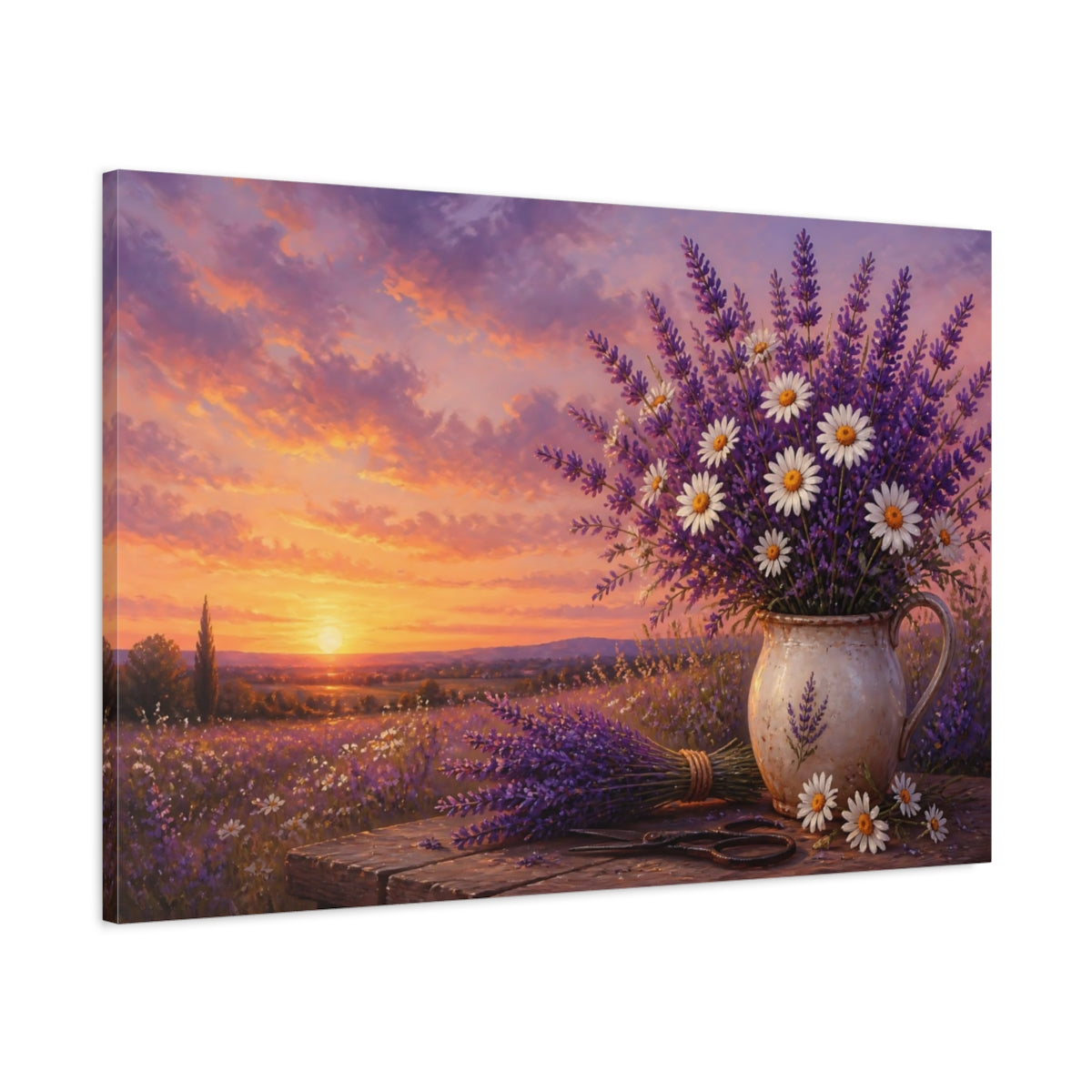 Main Mockup. Floral Floral Bouquet Purple Lavender Sunset shown as stretched canvas wall art