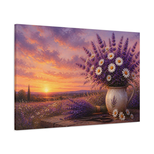 Main Mockup. Floral Floral Bouquet Purple Lavender Sunset shown as stretched canvas wall art