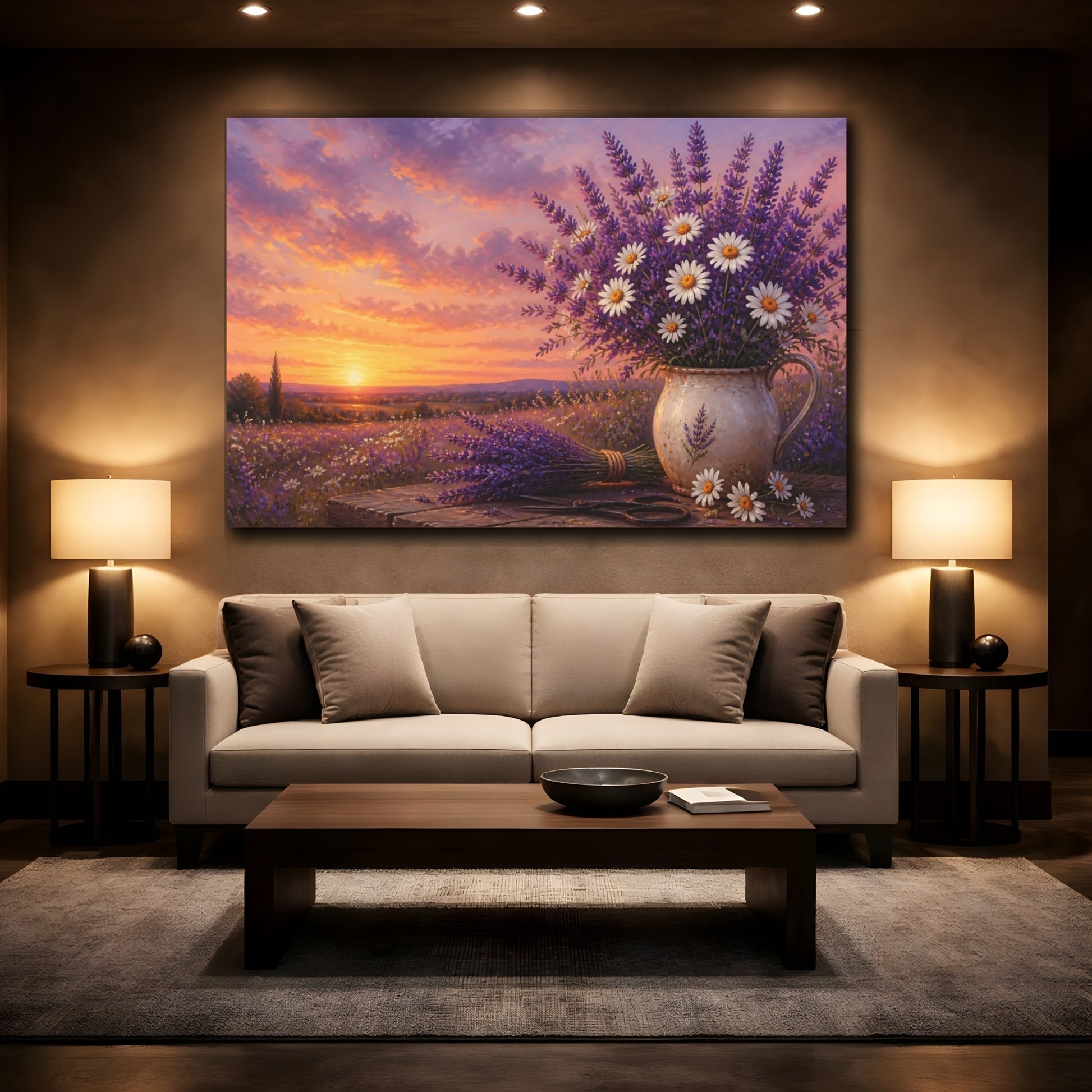 Mockup 2. Floral Floral Bouquet Purple Lavender Sunset shown as stretched canvas wall art