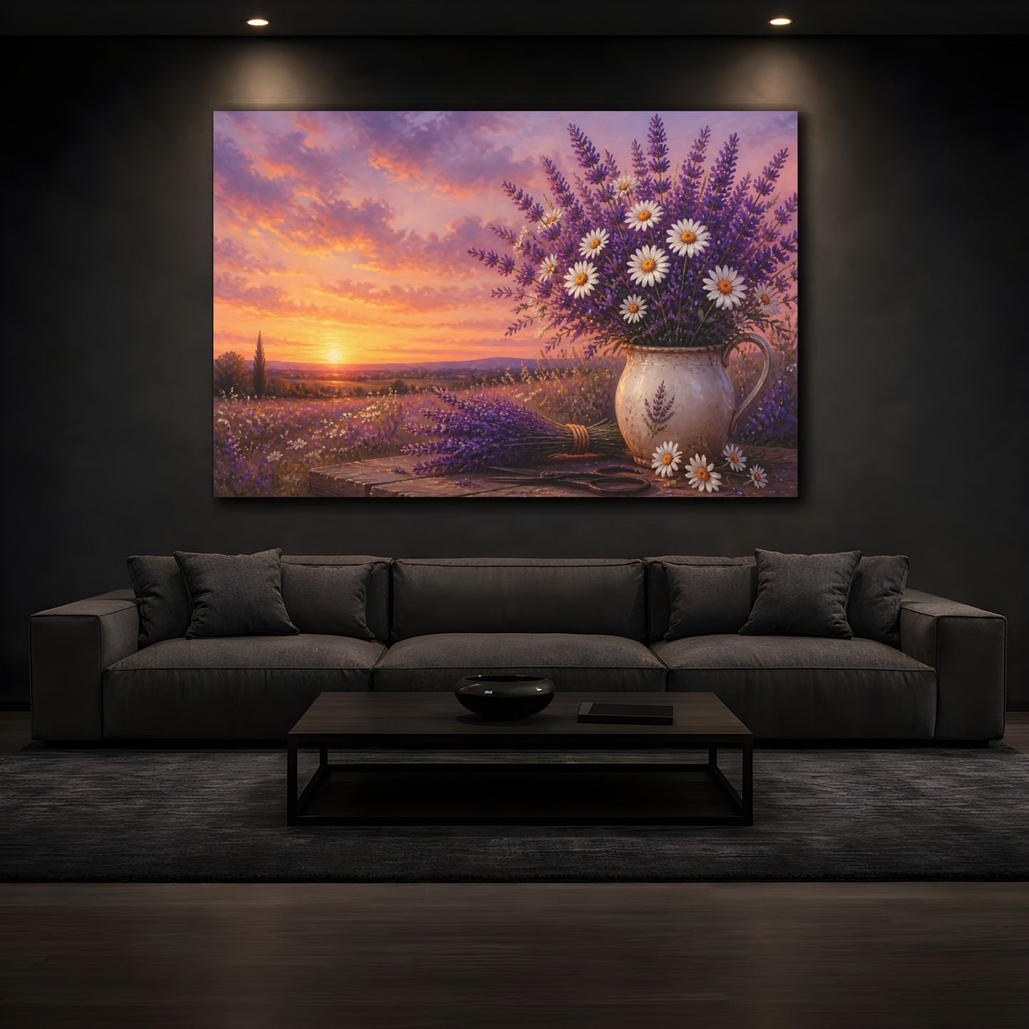 Mockup 3. Floral Floral Bouquet Purple Lavender Sunset shown as stretched canvas wall art