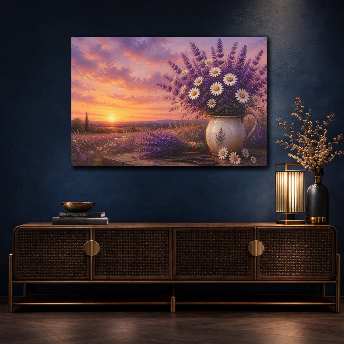 Mockup 4. Floral Floral Bouquet Purple Lavender Sunset shown as stretched canvas wall art