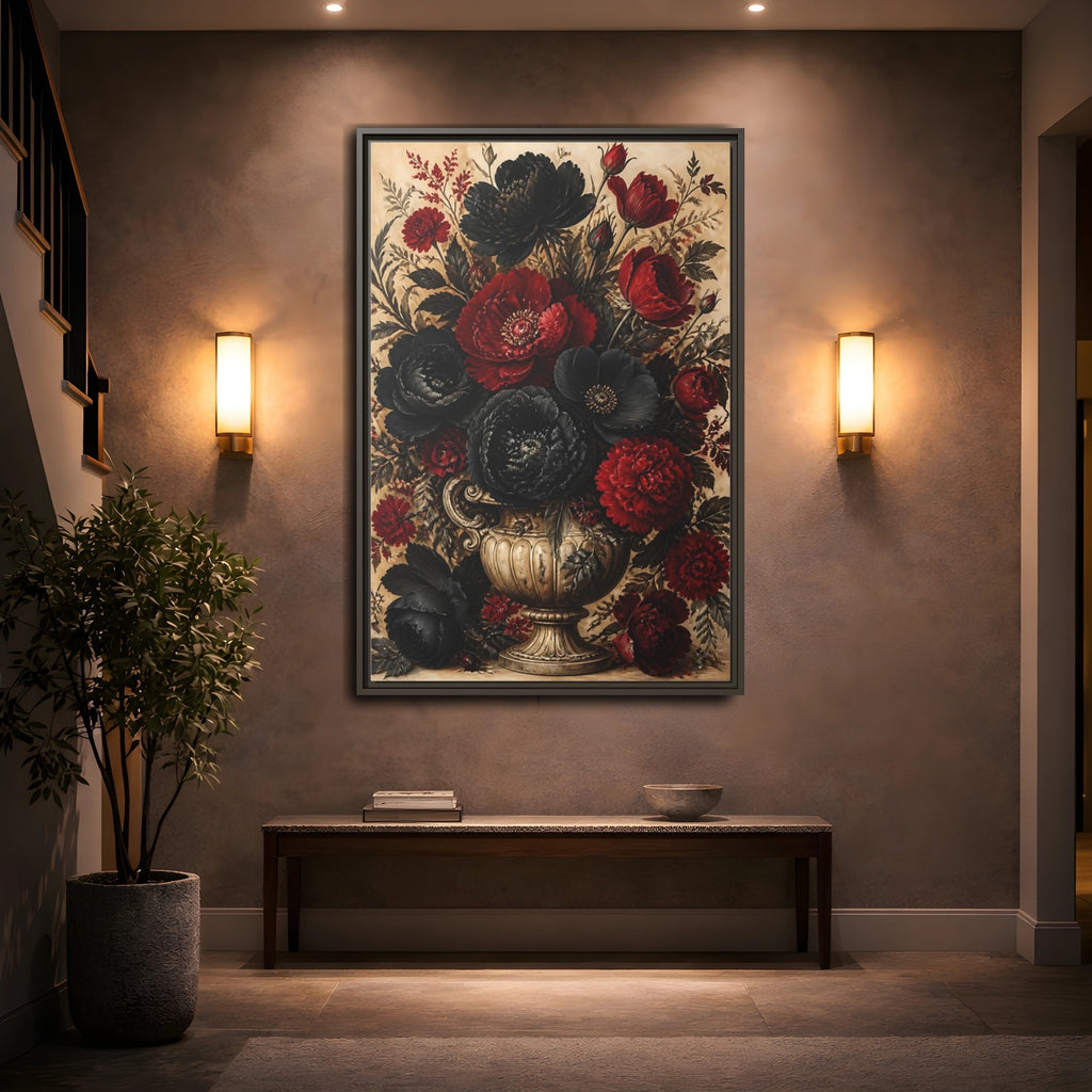 Mockup 2. Floral Floral Bouquet Red Black Flowers shown as stretched canvas wall art