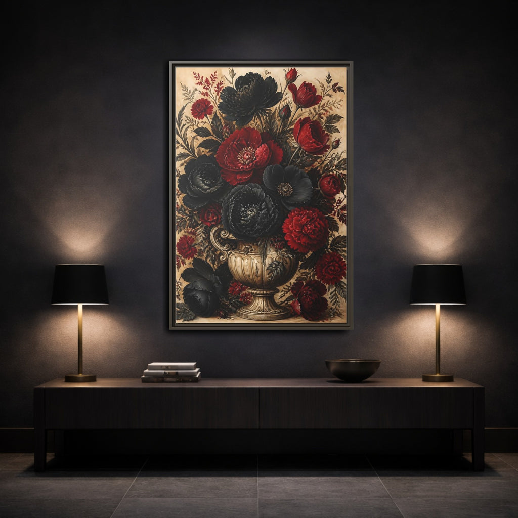 Mockup 3. Floral Floral Bouquet Red Black Flowers shown as stretched canvas wall art