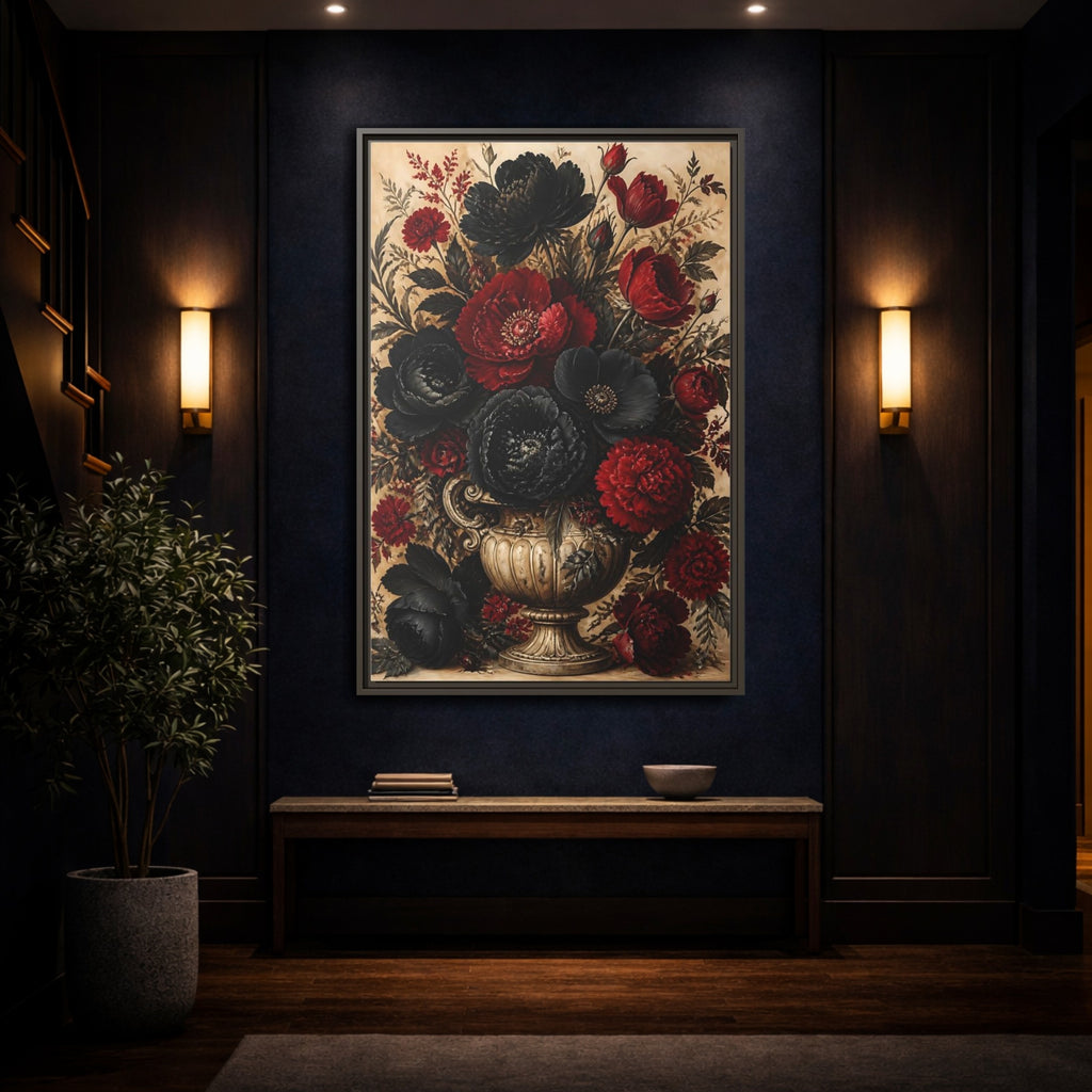 Mockup 4. Floral Floral Bouquet Red Black Flowers shown as stretched canvas wall art