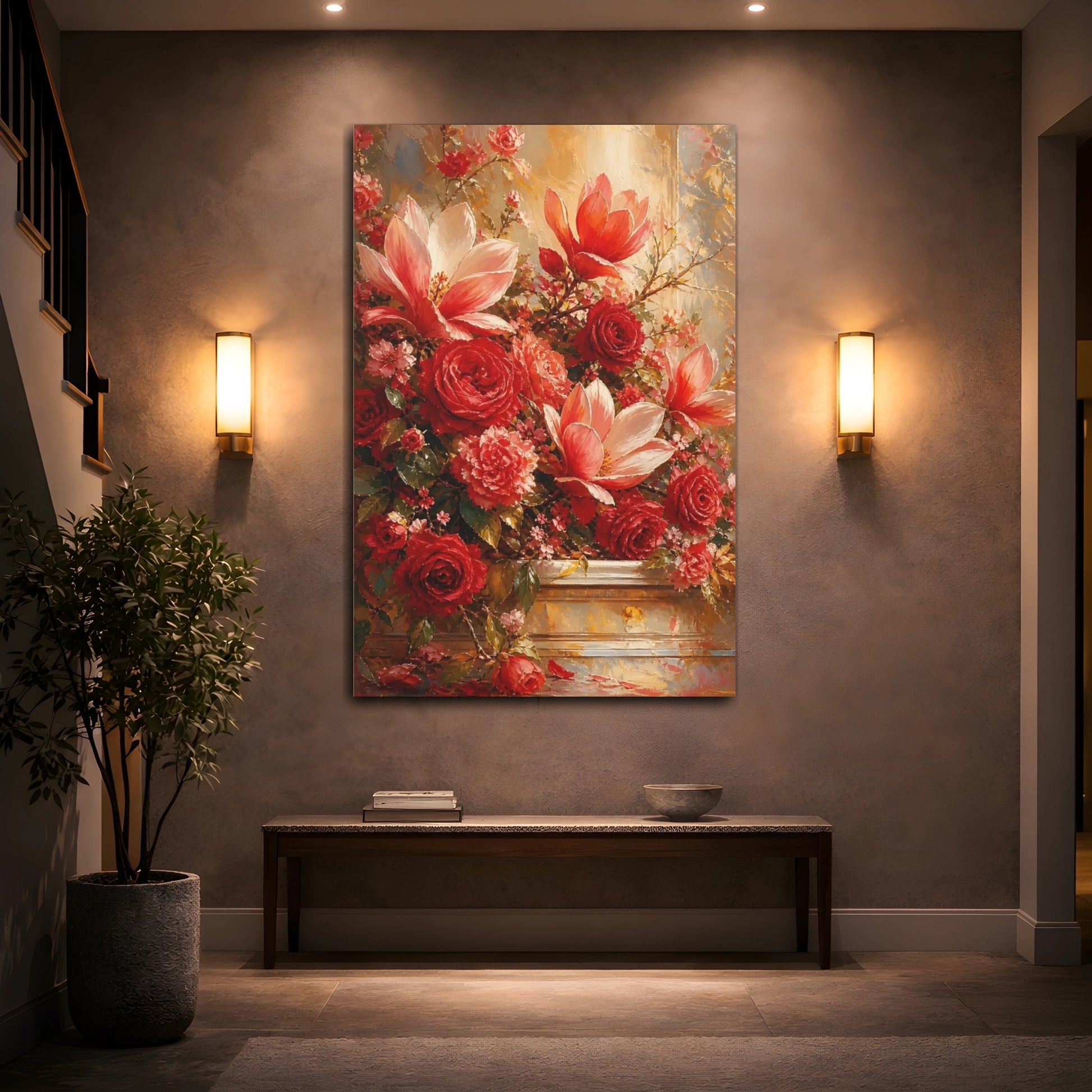 Mockup 2. Floral Floral Bouquet Red Floral Arrangement shown as stretched canvas wall art