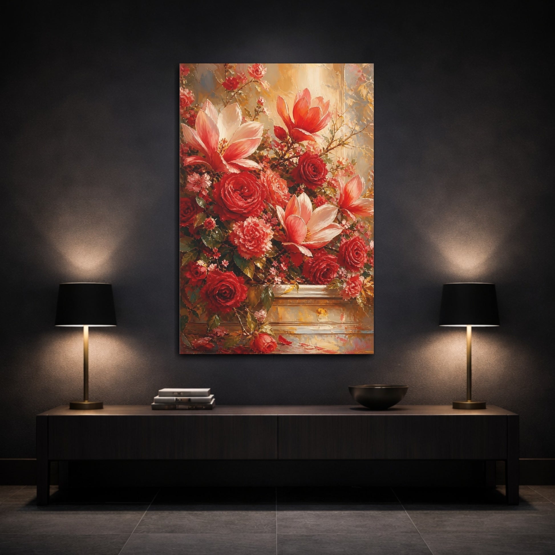 Mockup 3. Floral Floral Bouquet Red Floral Arrangement shown as stretched canvas wall art