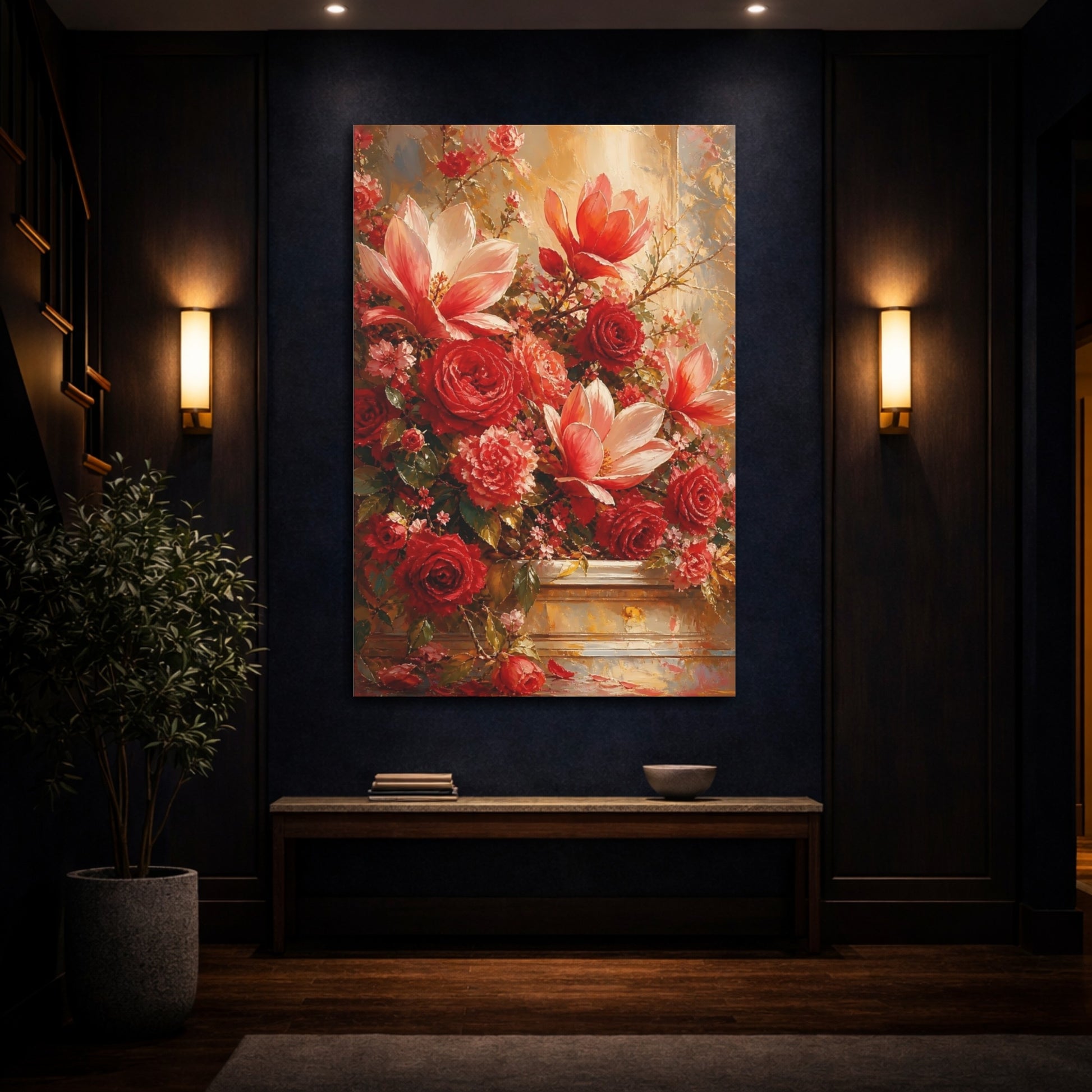 Mockup 4. Floral Floral Bouquet Red Floral Arrangement shown as stretched canvas wall art