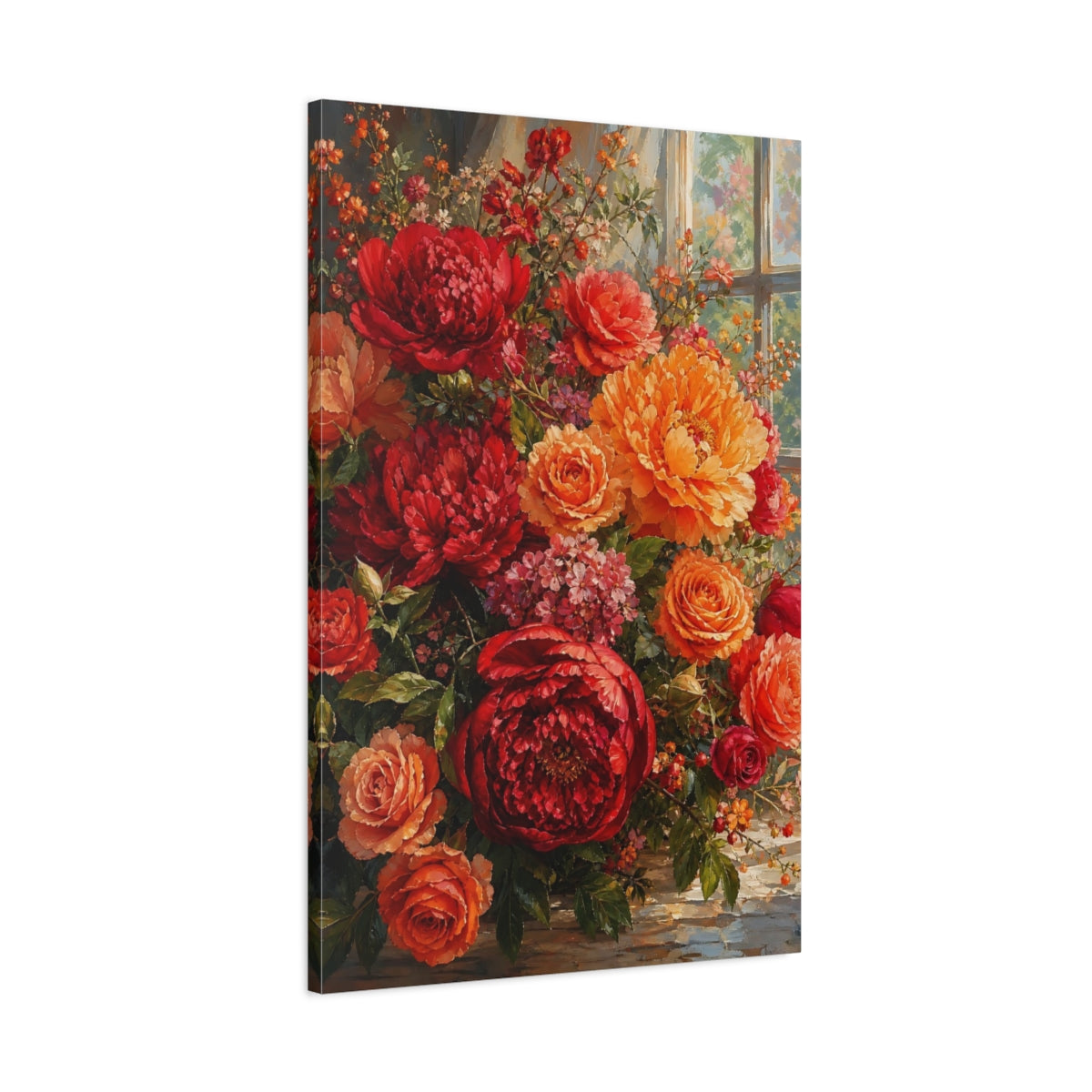 Main Mockup. Floral Floral Bouquet Red Orange Floral shown as stretched canvas wall art