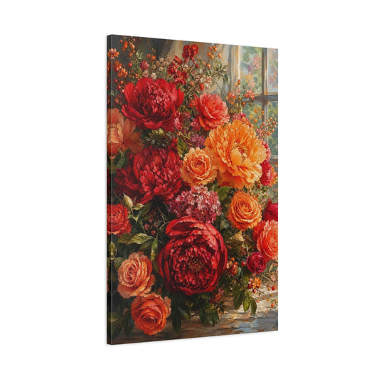 Main Mockup. Floral Floral Bouquet Red Orange Floral shown as stretched canvas wall art