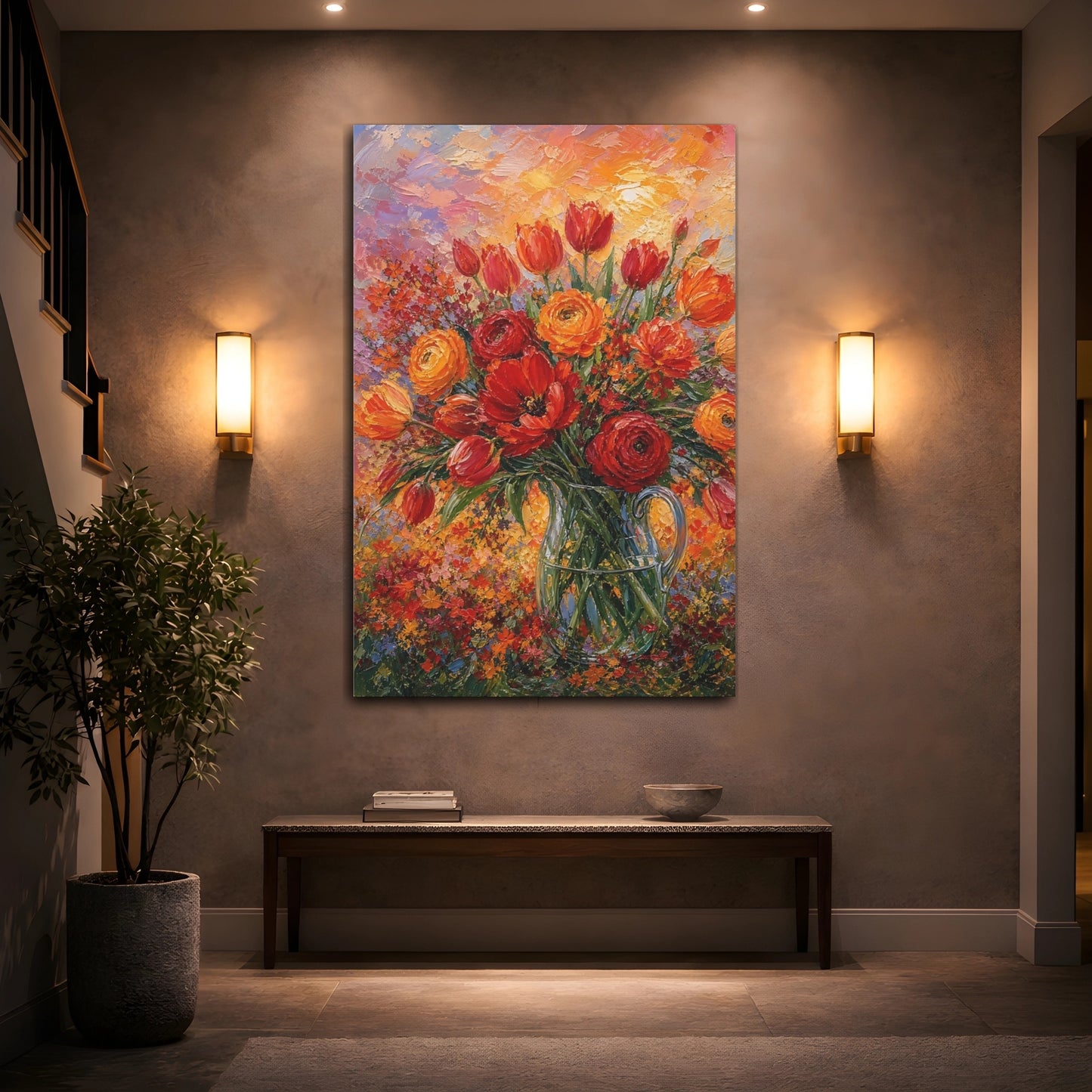 Mockup 2. Floral Floral Bouquet Red Orange Floral shown as stretched canvas wall art