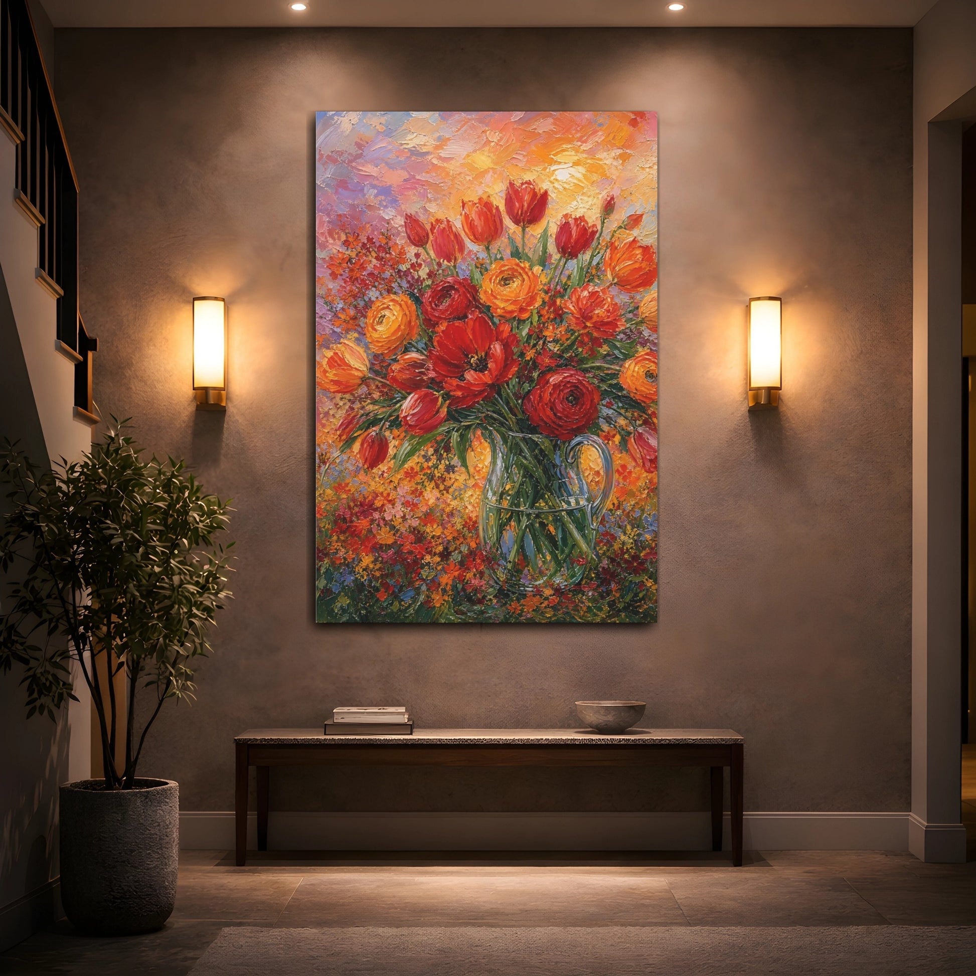 Mockup 2. Floral Floral Bouquet Red Orange Floral shown as stretched canvas wall art