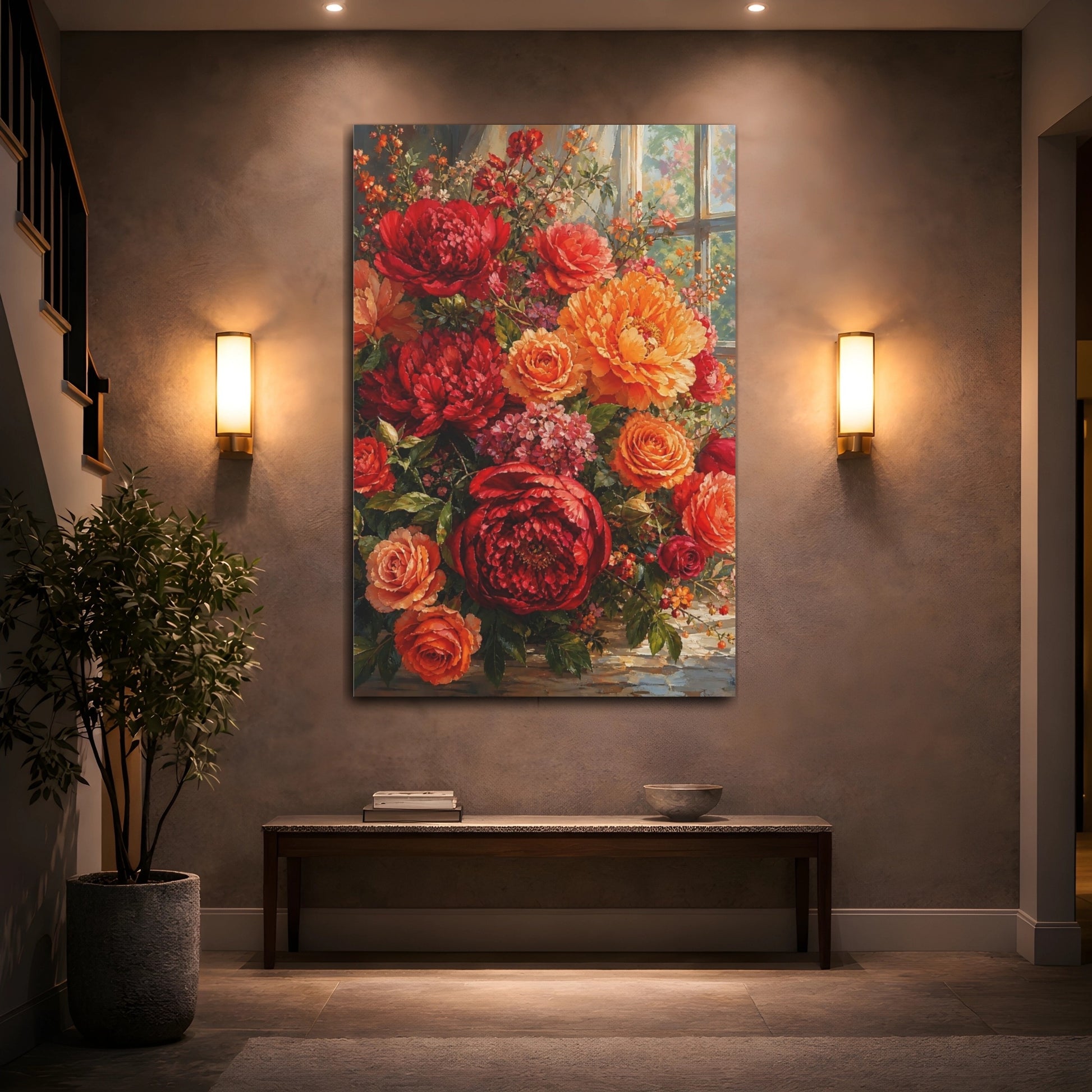 Mockup 2. Floral Floral Bouquet Red Orange Floral shown as stretched canvas wall art