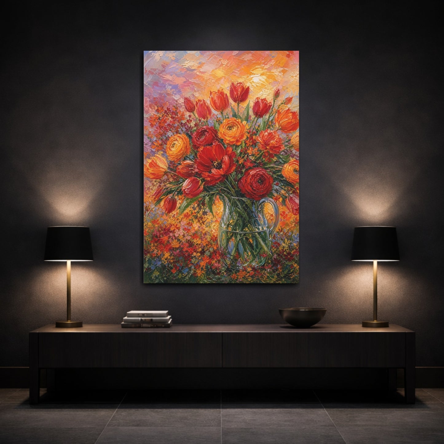 Mockup 3. Floral Floral Bouquet Red Orange Floral shown as stretched canvas wall art