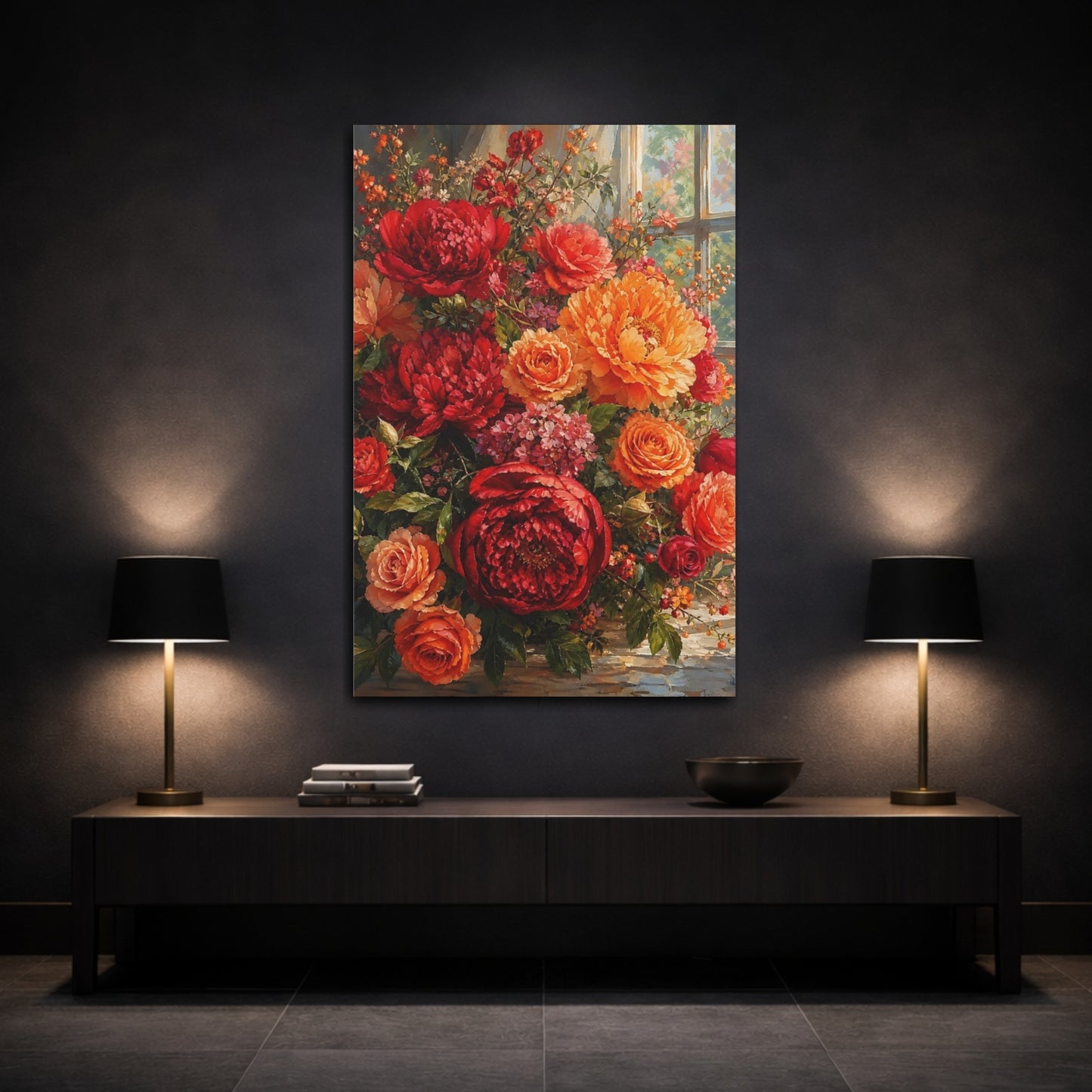 Mockup 3. Floral Floral Bouquet Red Orange Floral shown as stretched canvas wall art