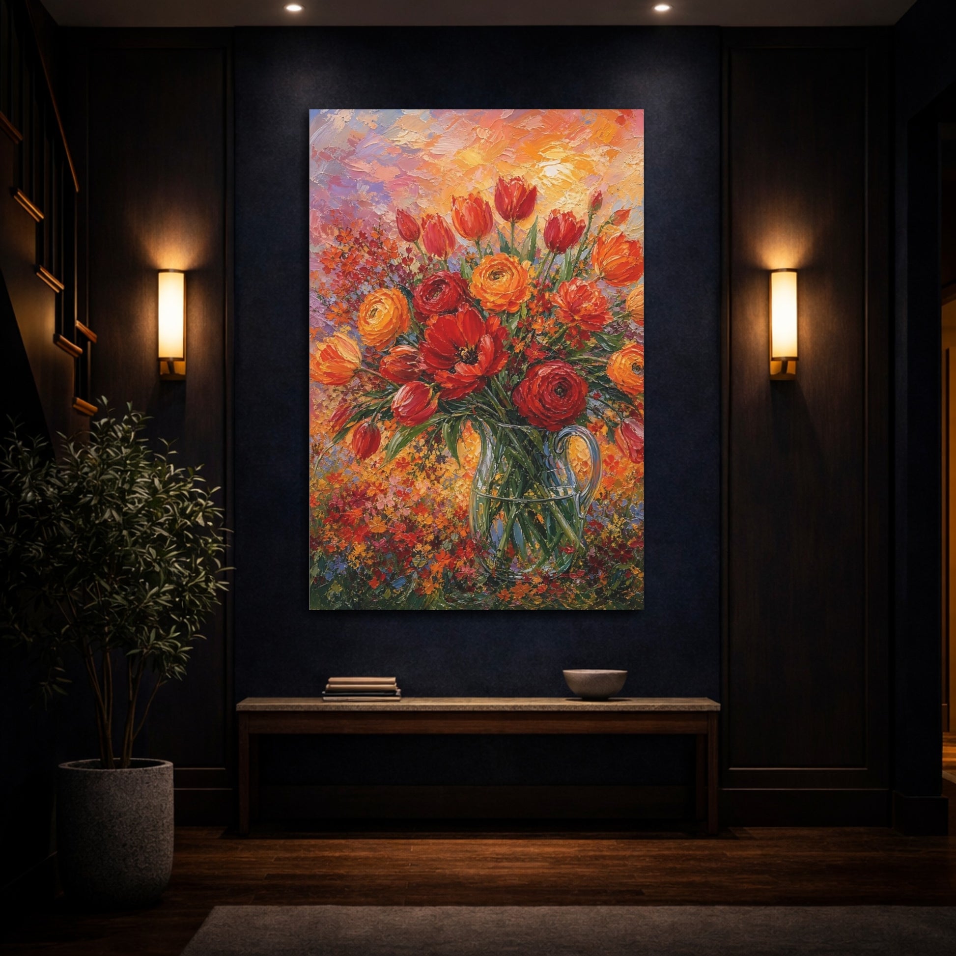 Mockup 4. Floral Floral Bouquet Red Orange Floral shown as stretched canvas wall art
