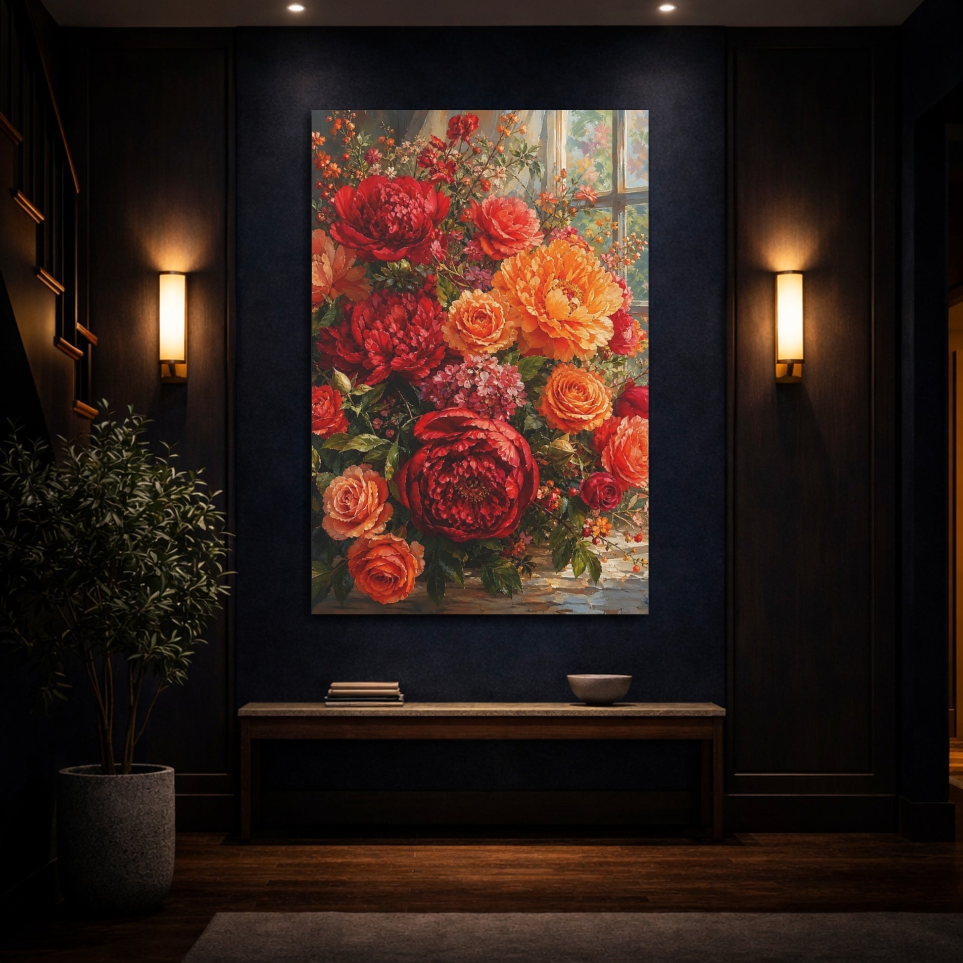 Mockup 4. Floral Floral Bouquet Red Orange Floral shown as stretched canvas wall art