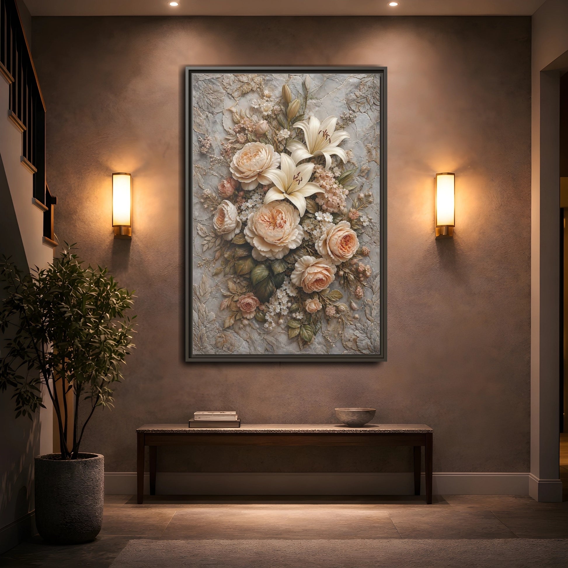 Mockup 2. Floral Floral Bouquet Soft Peach Grey shown as stretched canvas wall art