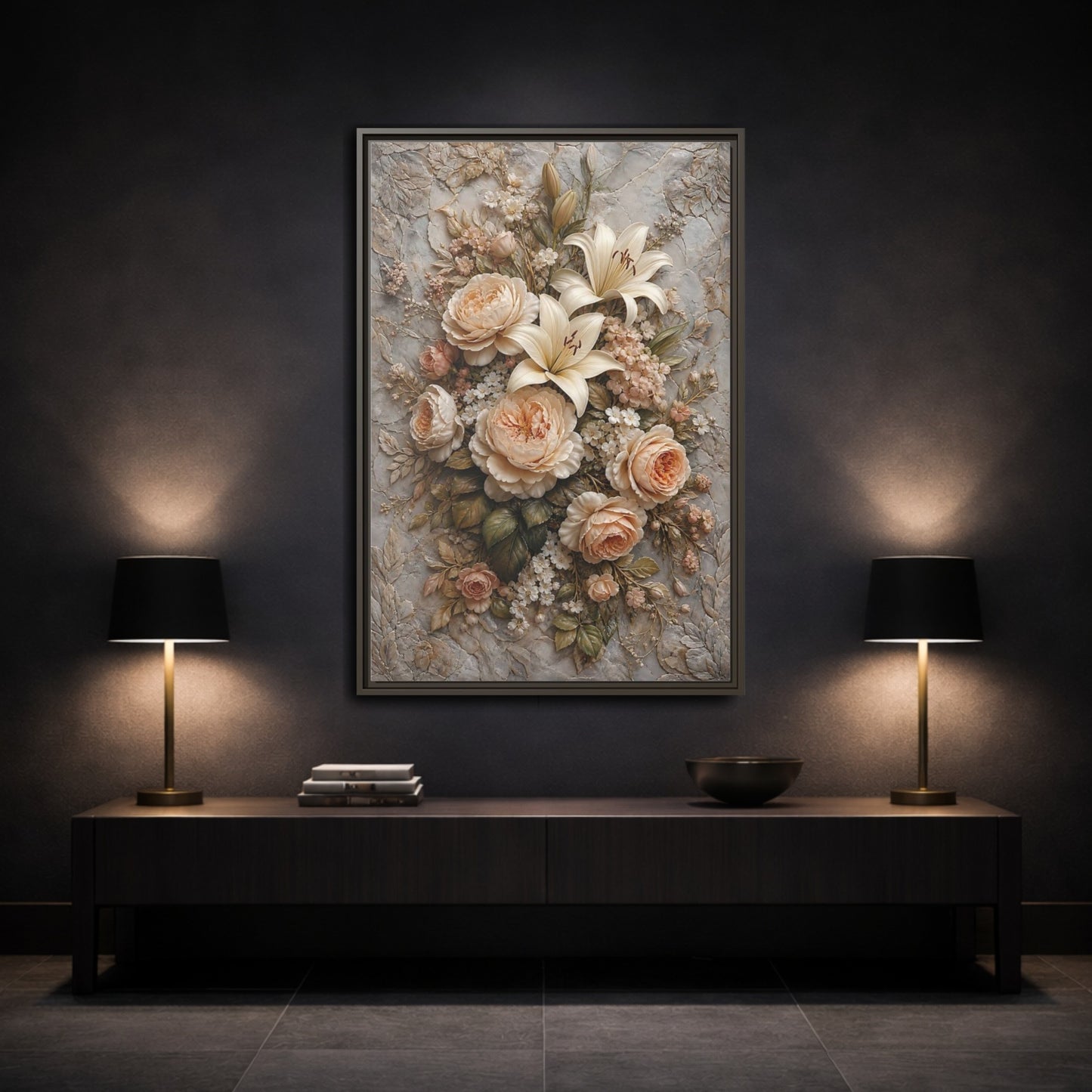 Mockup 3. Floral Floral Bouquet Soft Peach Grey shown as stretched canvas wall art