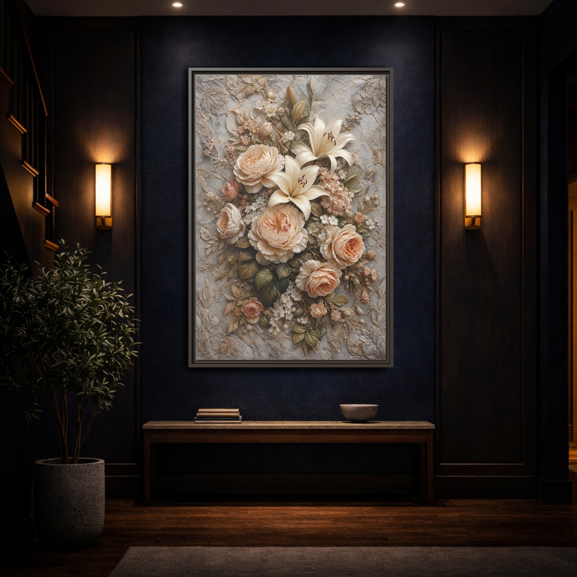 Mockup 4. Floral Floral Bouquet Soft Peach Grey shown as stretched canvas wall art