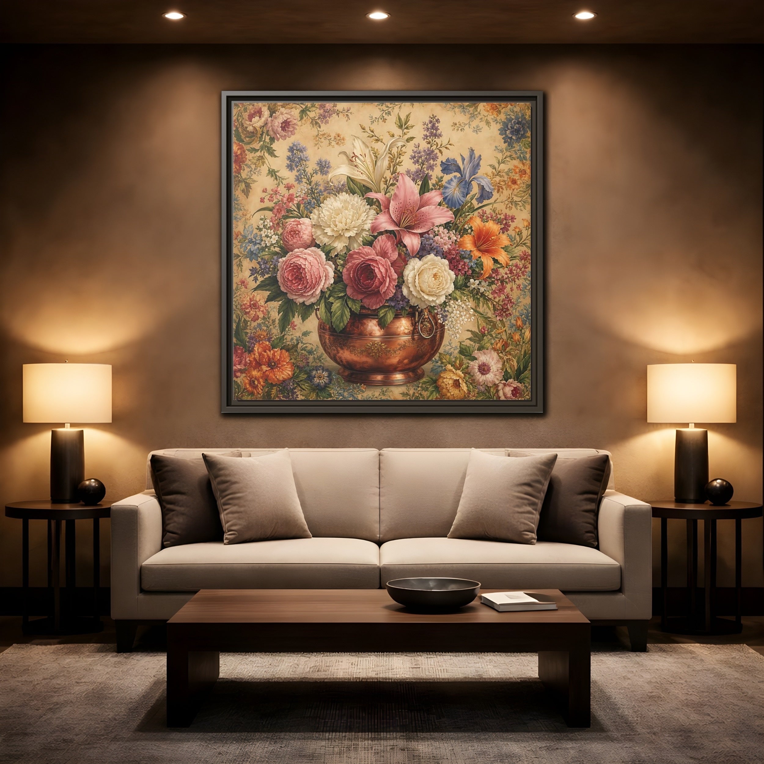 Mockup 2. Floral Floral Bouquet Vintage Floral Vase shown as stretched canvas wall art