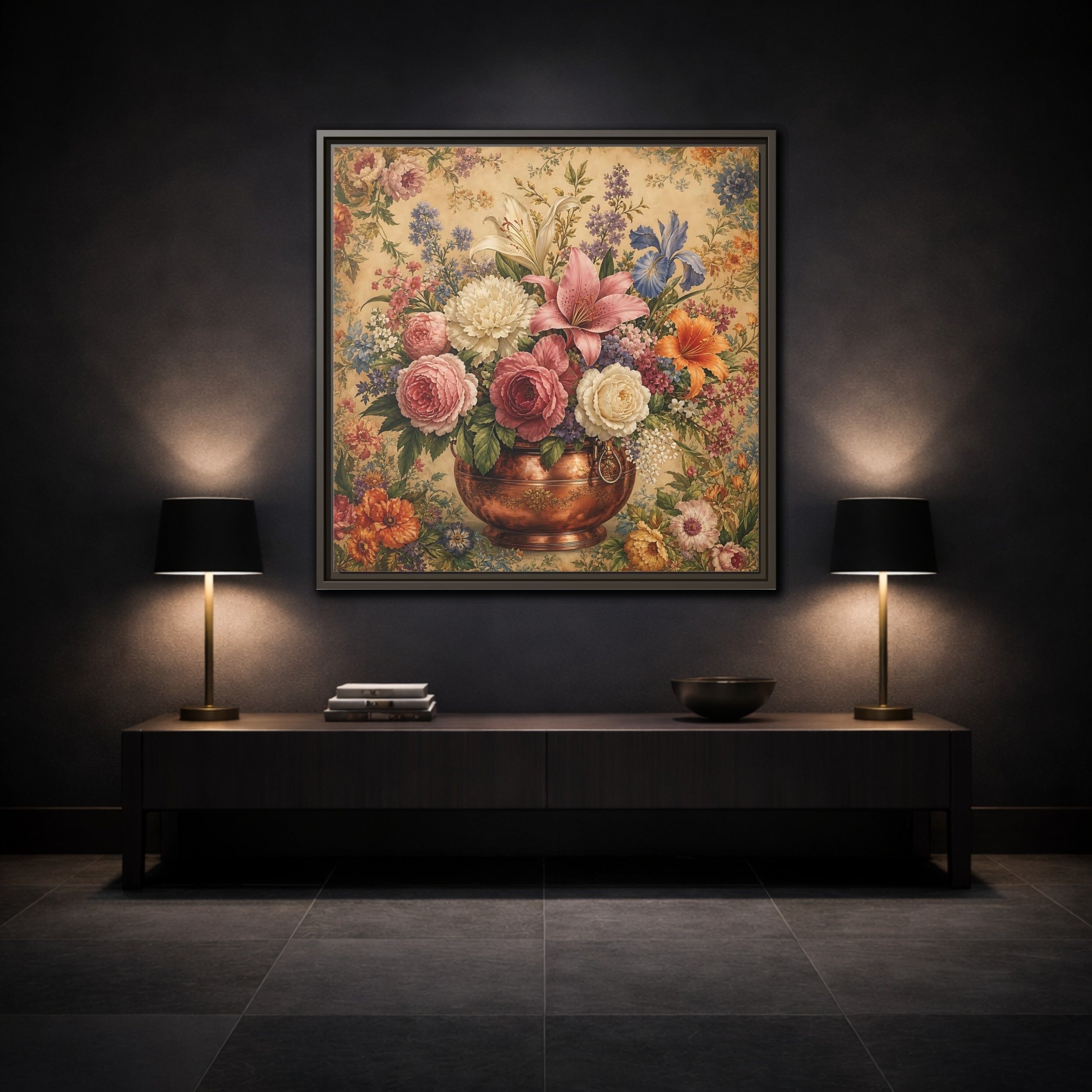 Mockup 3. Floral Floral Bouquet Vintage Floral Vase shown as stretched canvas wall art