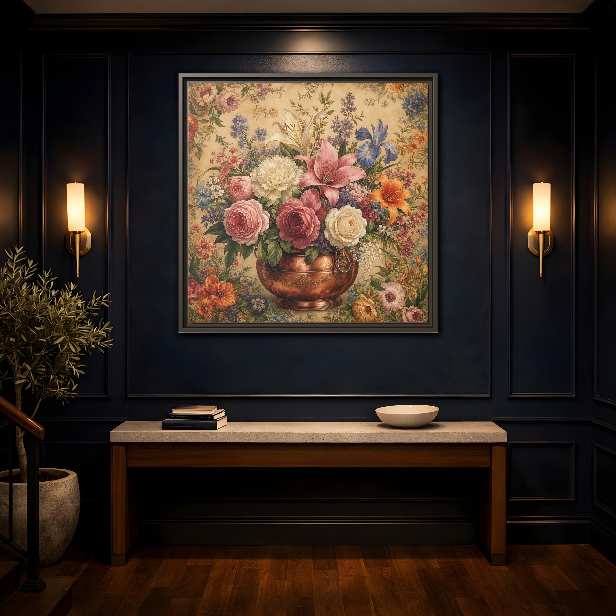 Mockup 4. Floral Floral Bouquet Vintage Floral Vase shown as stretched canvas wall art