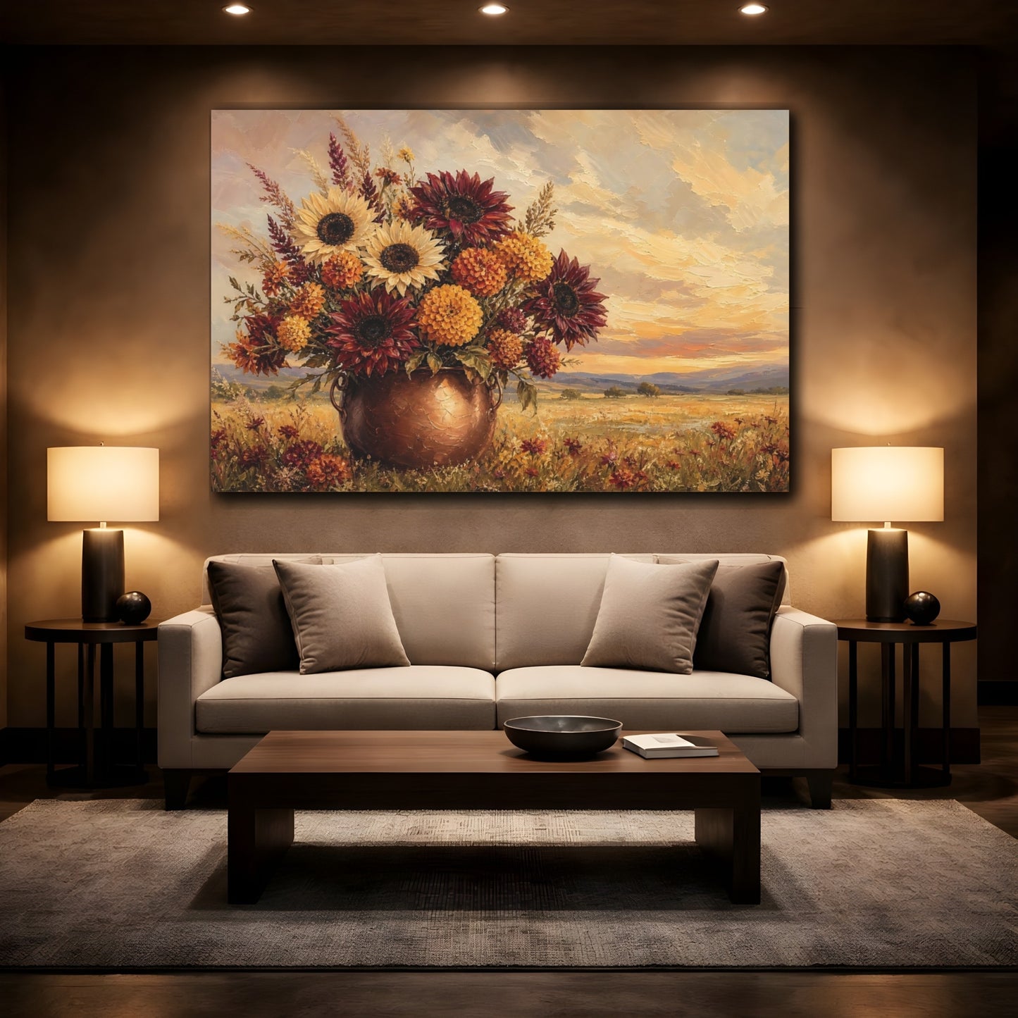 Mockup 2. Floral Floral Bouquet Warm Autumnal Floral shown as stretched canvas wall art