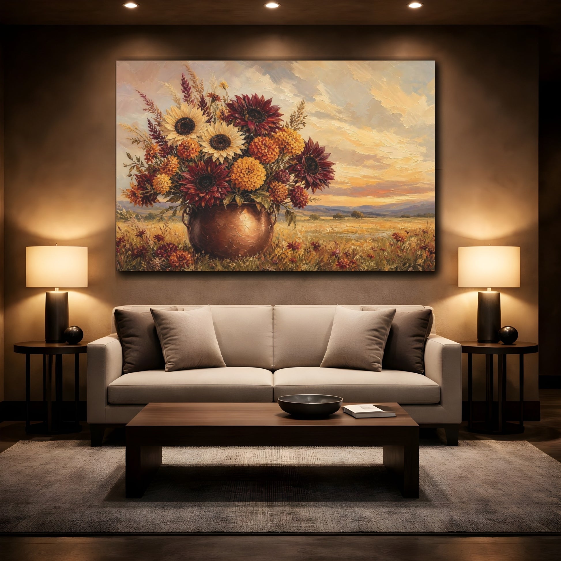 Mockup 2. Floral Floral Bouquet Warm Autumnal Floral shown as stretched canvas wall art