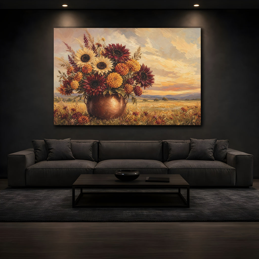Mockup 3. Floral Floral Bouquet Warm Autumnal Floral shown as stretched canvas wall art