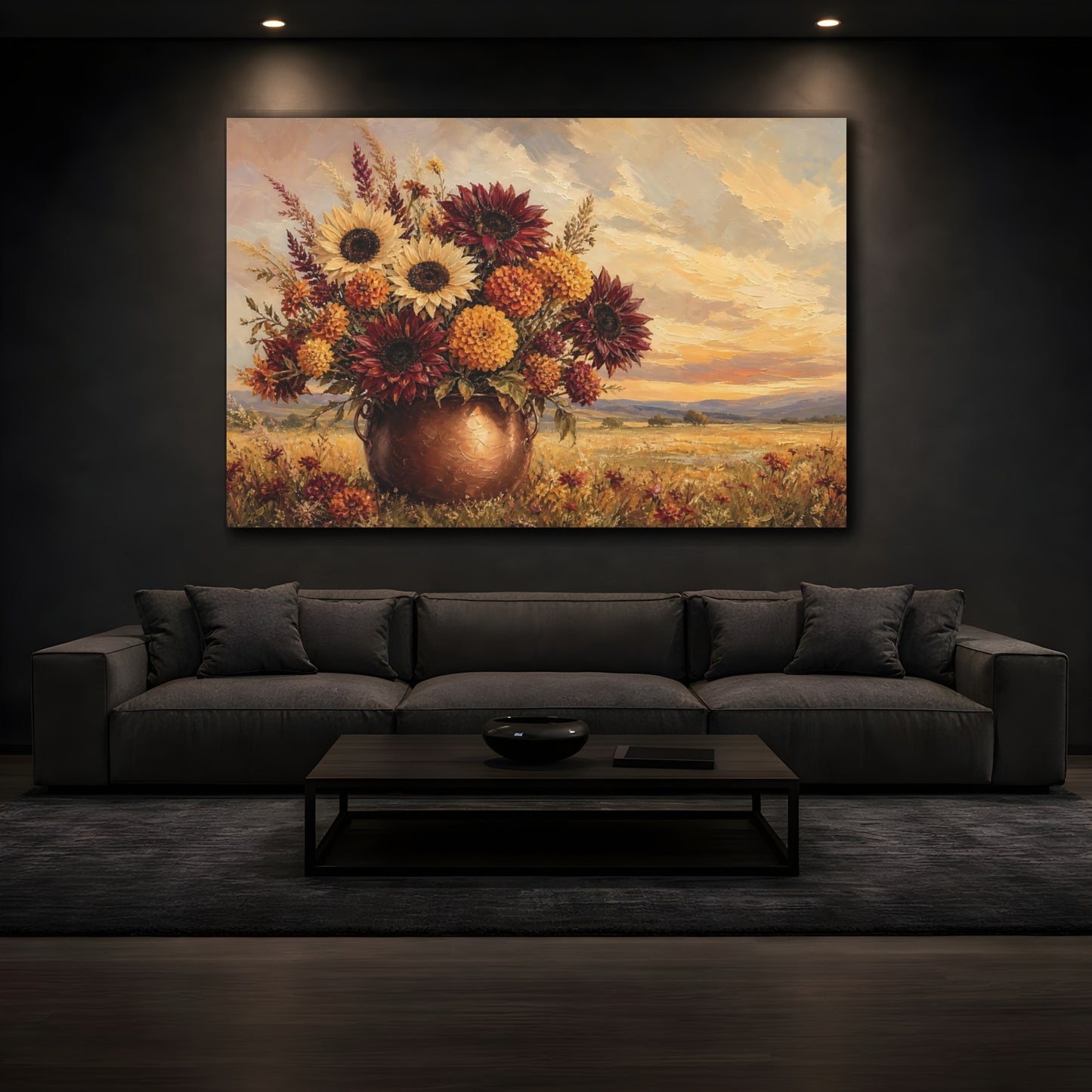 Mockup 3. Floral Floral Bouquet Warm Autumnal Floral shown as stretched canvas wall art
