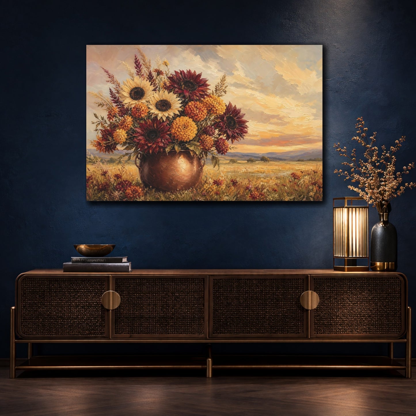 Mockup 4. Floral Floral Bouquet Warm Autumnal Floral shown as stretched canvas wall art