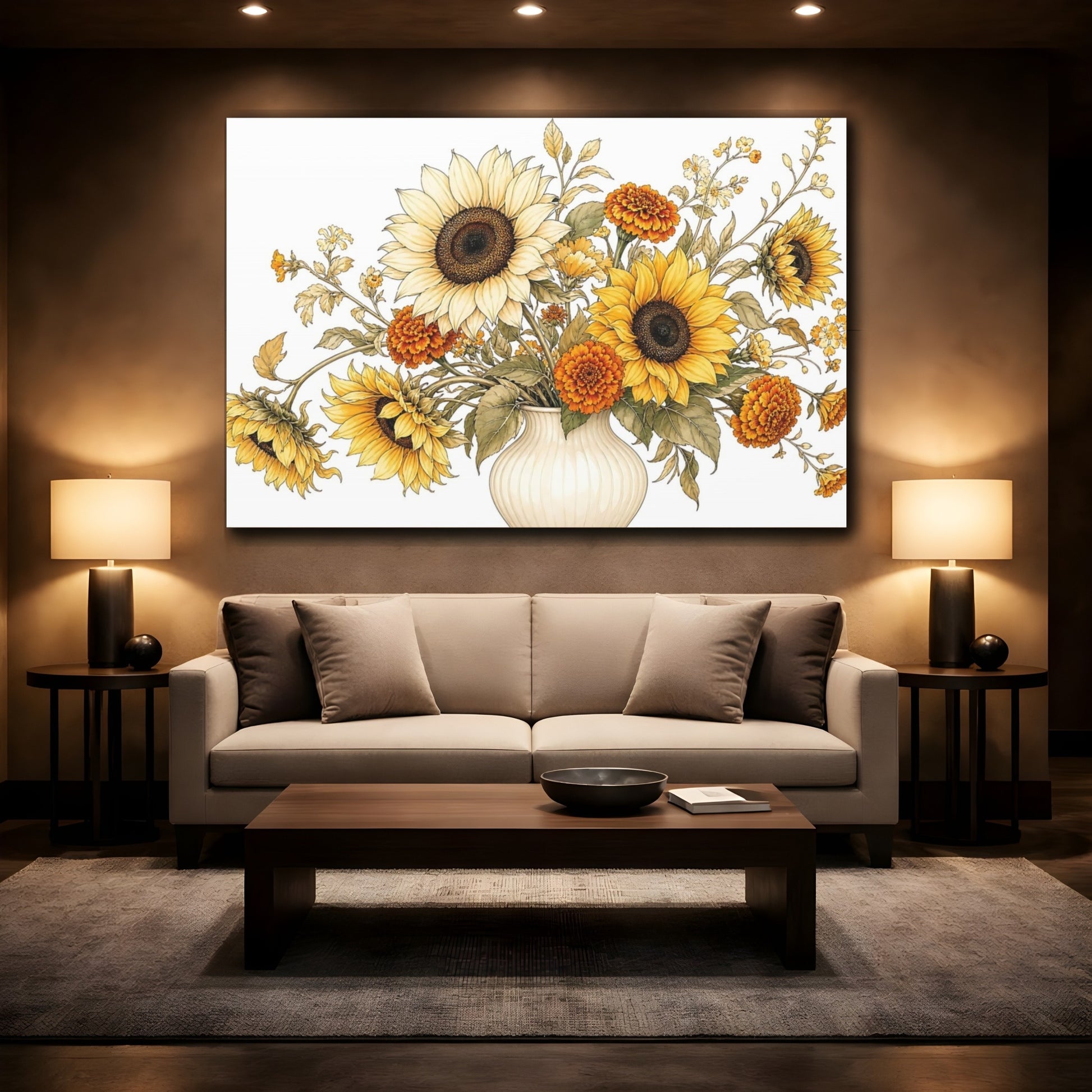 Mockup 2. Floral Floral Bouquet Yellow Orange Flowers shown as stretched canvas wall art