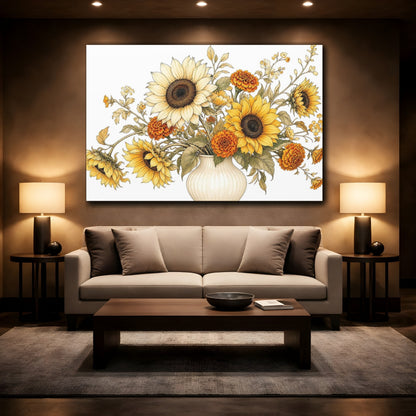 Mockup 2. Floral Floral Bouquet Yellow Orange Flowers shown as stretched canvas wall art
