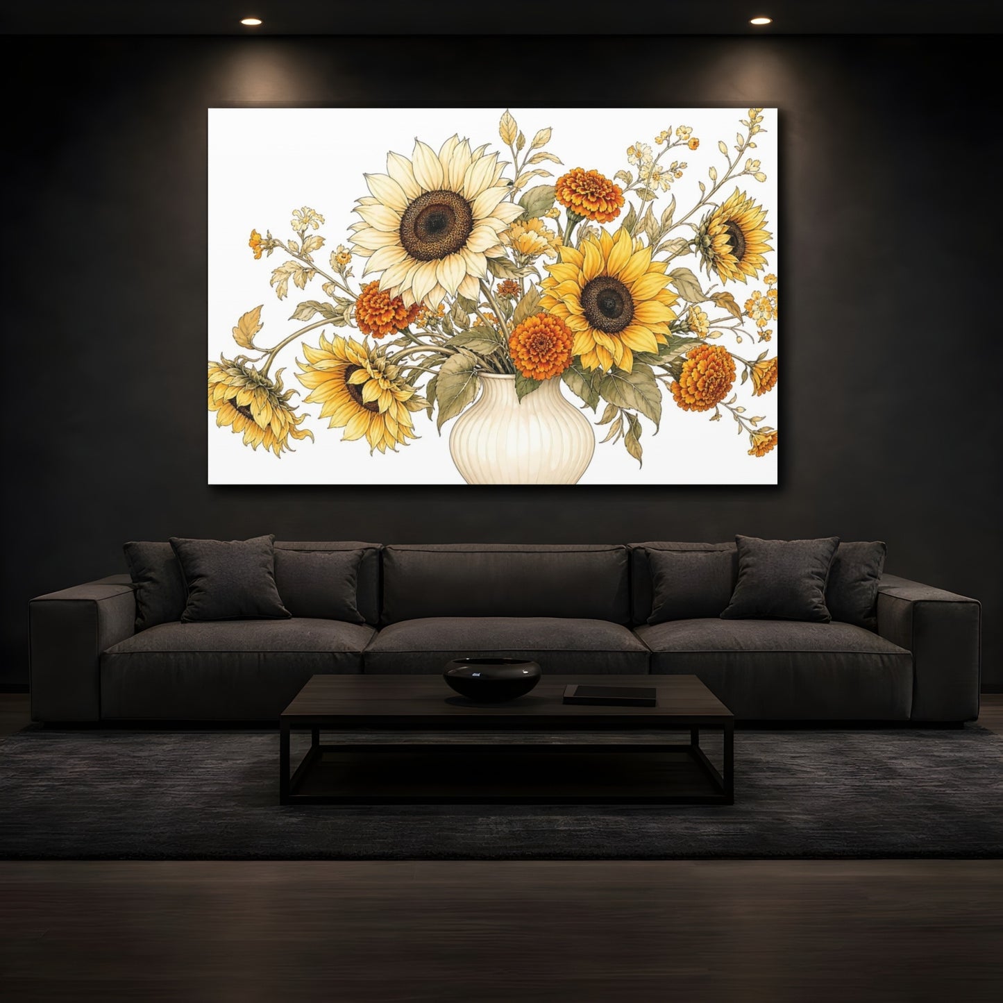 Mockup 3. Floral Floral Bouquet Yellow Orange Flowers shown as stretched canvas wall art