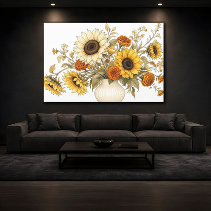 Mockup 3. Floral Floral Bouquet Yellow Orange Flowers shown as stretched canvas wall art