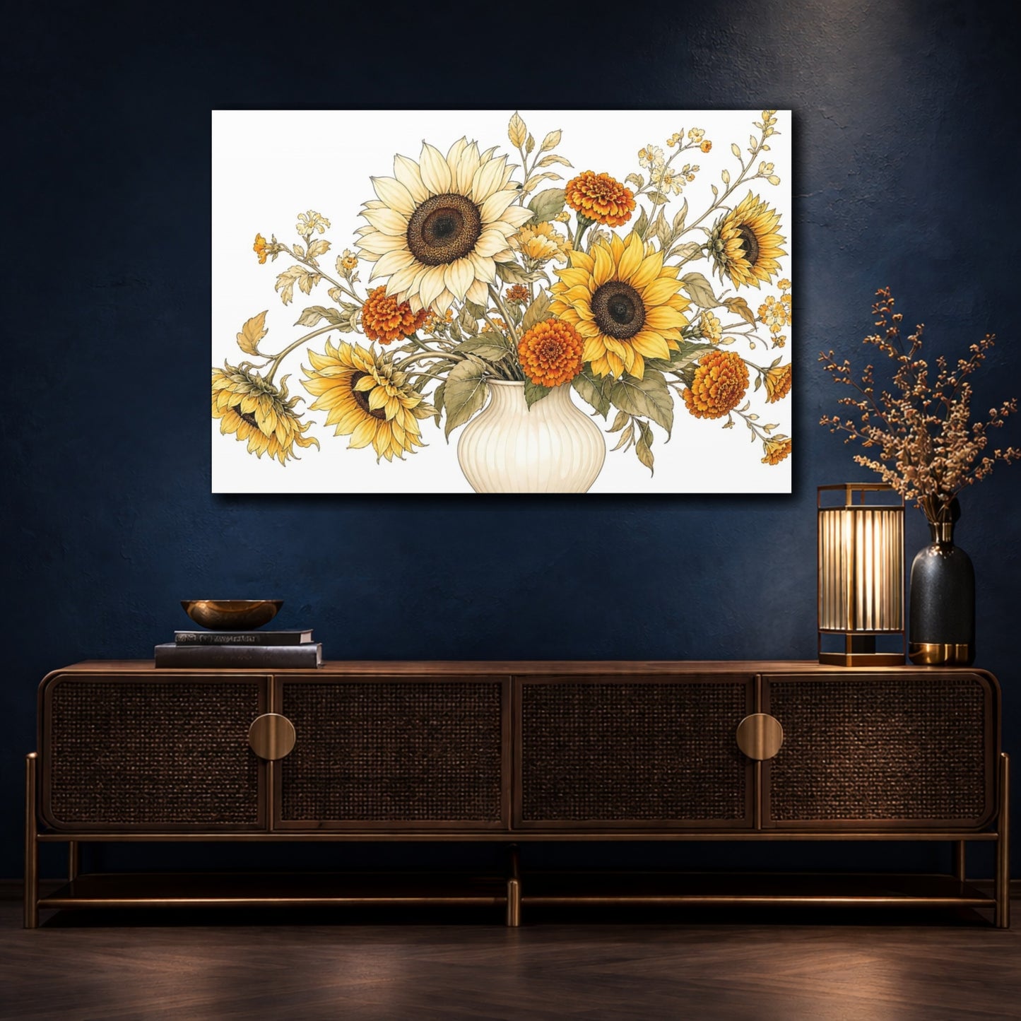 Mockup 4. Floral Floral Bouquet Yellow Orange Flowers shown as stretched canvas wall art
