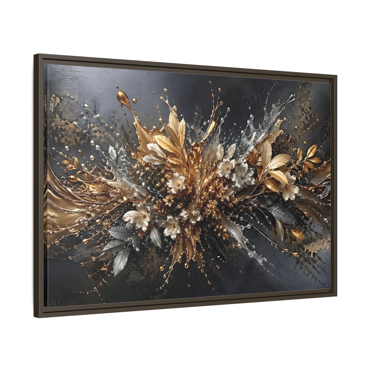 Main Mockup. Floral Floral Burst Black Gold Silver shown as stretched canvas wall art