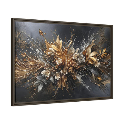 Main Mockup. Floral Floral Burst Black Gold Silver shown as stretched canvas wall art