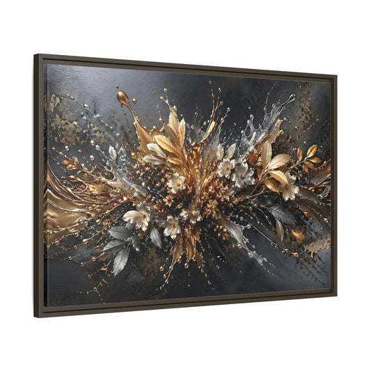 Main Mockup. Floral Floral Burst Black Gold Silver shown as stretched canvas wall art