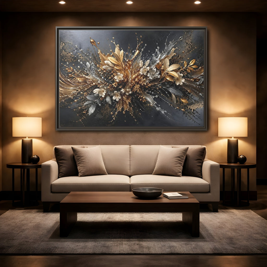 Mockup 2. Floral Floral Burst Black Gold Silver shown as stretched canvas wall art
