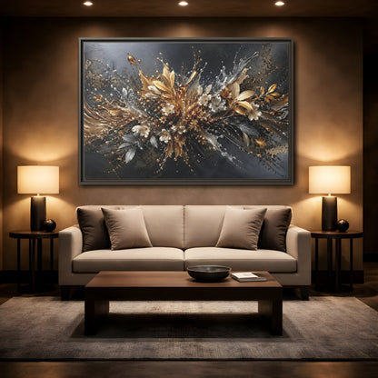 Mockup 2. Floral Floral Burst Black Gold Silver shown as stretched canvas wall art