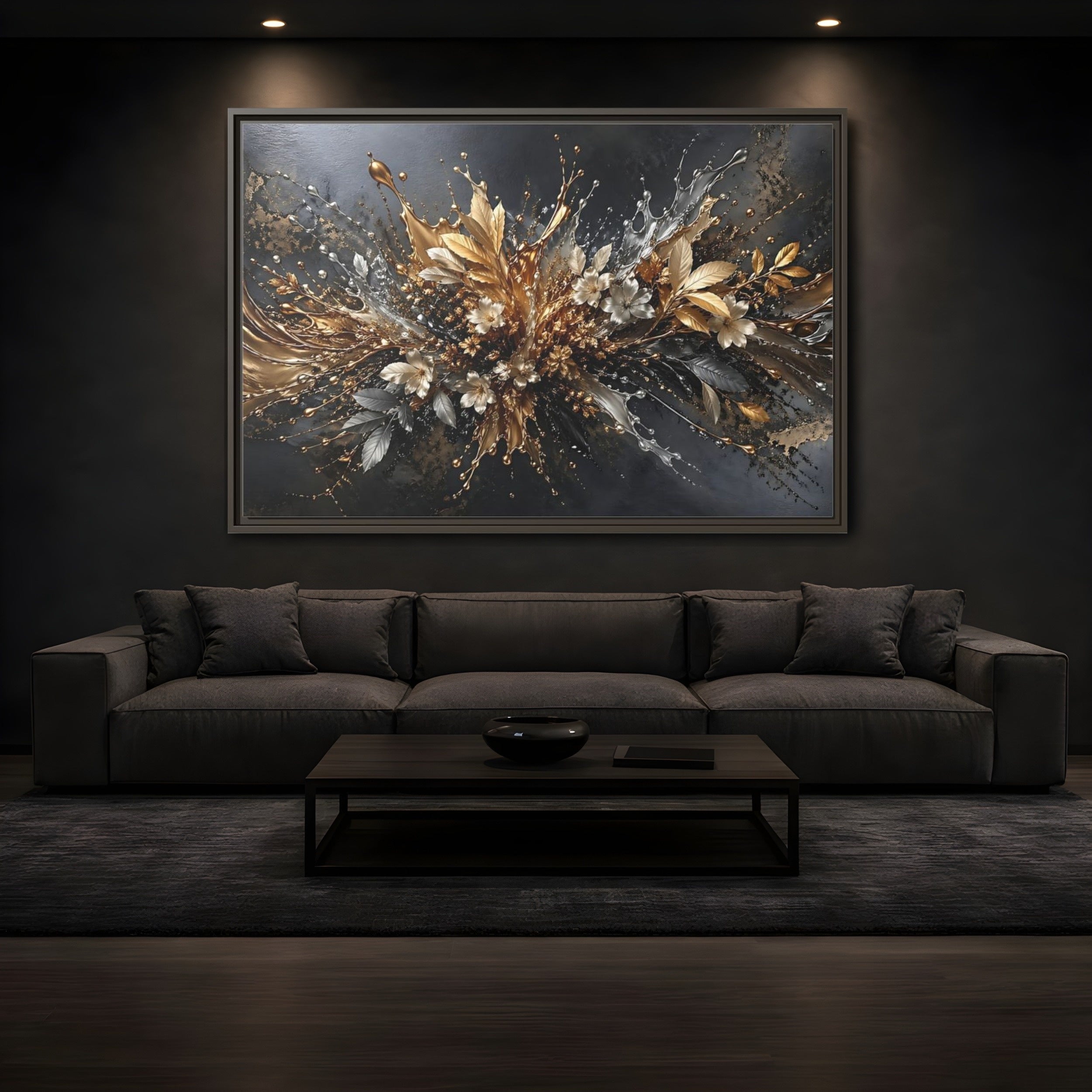 Mockup 3. Floral Floral Burst Black Gold Silver shown as stretched canvas wall art
