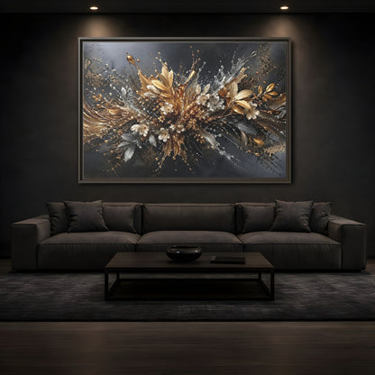 Mockup 3. Floral Floral Burst Black Gold Silver shown as stretched canvas wall art